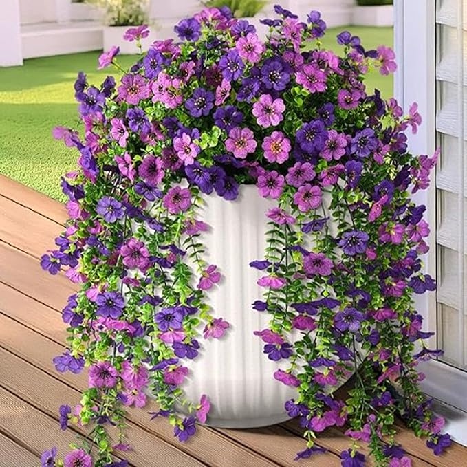 Artificial Faux Hanging Flowers Plants for Outdoor Decor 2 PCS Outside Fake Mums Violets with Eucalyptus UV Resistant Realistic Daisy Trailing Vines for Yard Balcony Porch Decor (Double Purple)