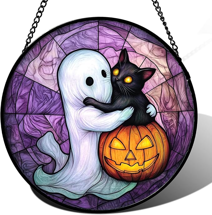 Stained Glass Window Hanging - Halloween Decorations Ghost Black Cat Pumpkin Suncatcher for Door Garden Spooky Purple Sun Catchers Gothic Decor Horror Gifts for Women Men Friend Boy 11.8 in