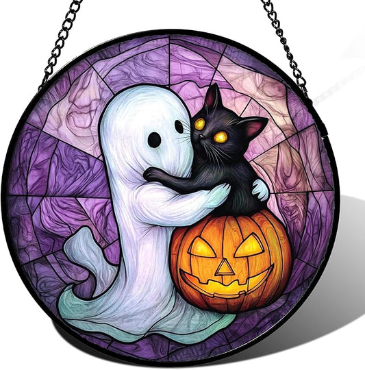 Stained Glass Window Hanging - Halloween Decorations Ghost Black Cat Pumpkin Suncatcher for Door Garden Spooky Purple Sun Catchers Gothic Decor Horror Gifts for Women Men Friend Boy 11.8 in