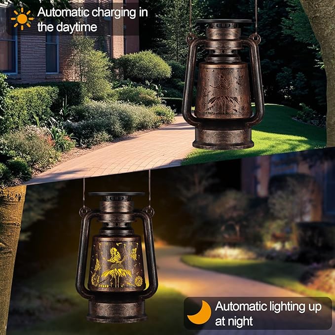 Solar Lantern Outdoor Hanging Vintage LED Waterproof Camping Light with Beautiful Graphics Landscape Decor for Yard,Patio,Porch,Lawn,Tabletop(Butterfly)