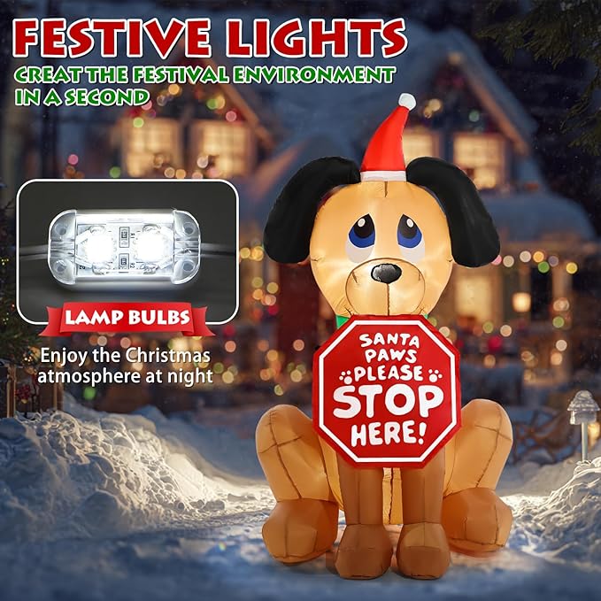 Christmas Inflatable Outdoor Decorations, 4FT Inflatables Dog Yard Decor with Hat & Sign, LED Lights Blow up Puppy Holiday Decorations for Indoor Outside Lawn Garden