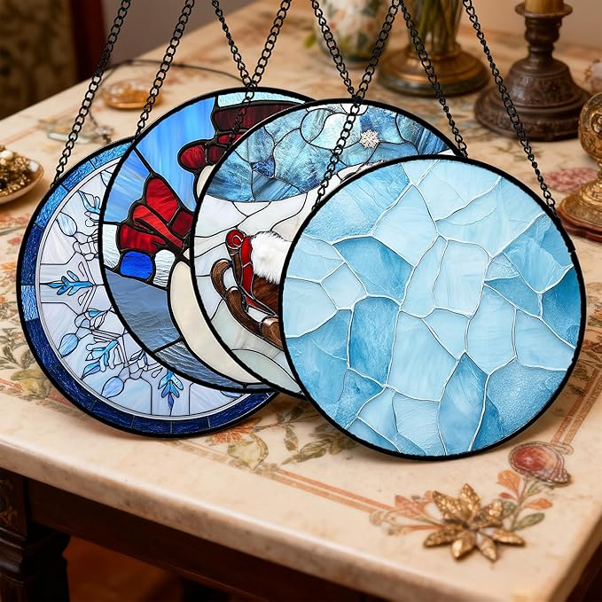 Stained Glass Window Hanging 4 Pcs Set Blue White Christmas Snowman Snowflake 9.8" - Suncatcher Door Garden Sun Catcher Decor Birthday Mother's Day Xmas Gifts for Mom Woman Nana Men