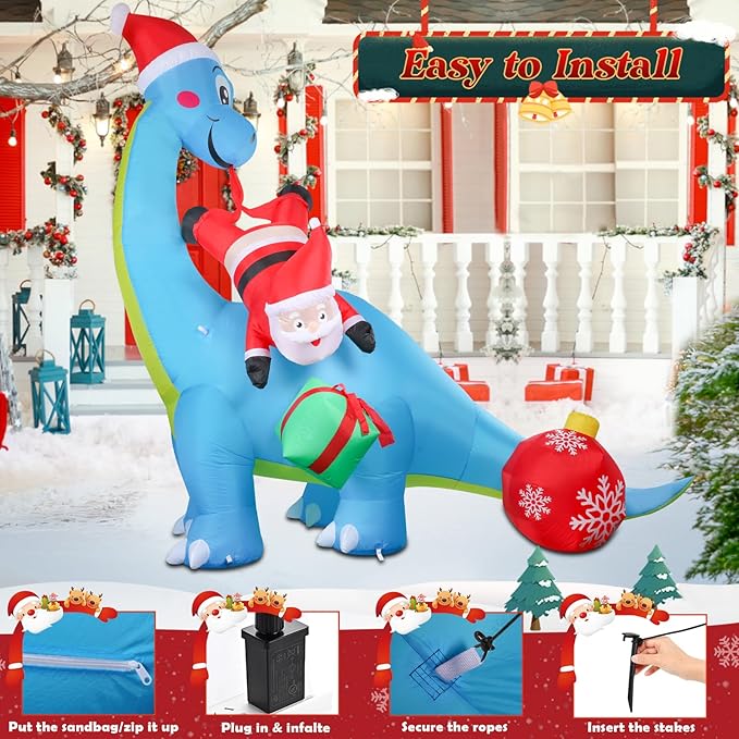 10FT Christmas Inflatable Outdoor Decorations, Inflatable Dinosaur and Santa Claus Built-in LED Lights Blow Up Yard Decorations for Holiday Indoor Outdoor Party Garden Lawn