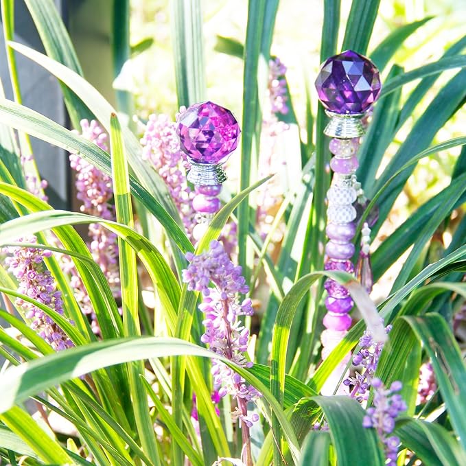 Exway 100 PCS DIY Fairy Wand Beaded Garden Stake Beads Kits with Purple Large Hole Beads 4 Crystal Stopper Top Threaded Rods and 4 Purple Sparkling Crystal Pendants for Outdoor Indoor Decor