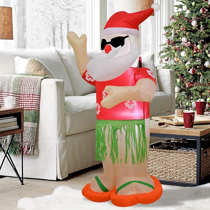 4FT Christmas Inflatable Santa Claus Holiday Decoration,Fun Xmas Santa Blow up Decor for Indoor Outdoor Yard Garden Lawn Party, Hawaii Theme Santa Wear Colorful Shirt Cool Sunglasses