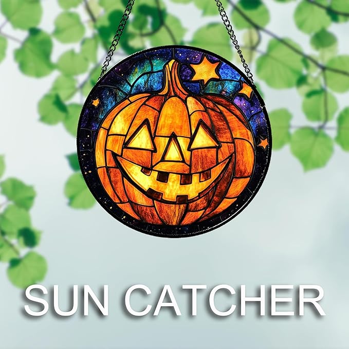 Stained Glass Window Hanging Halloween Horror Golden Pumpkin 11.8" - Suncatcher Door Garden Sunroom Gothic Style Sun Catcher Birthday for Friend Mom Men Woman Nana