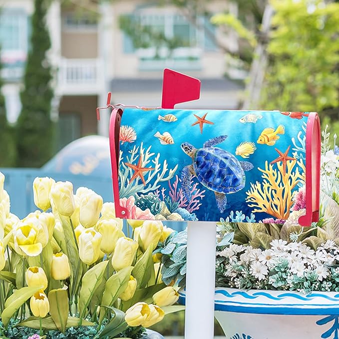 Sea Turtle Mailbox Cover Magnetic 25.5x21 Inch- Summer Ocean Blue Tortoise Starfish Coral Mailbox Wrap Post Cover Large Size for Garden Yard Outdoor Outside Seasonal Decor