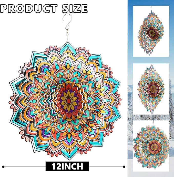 Mandala Daisy Wind Spinner - 12In 3D Kinetic Metal Wind Spinners, Stainless Steel Laser Cut Hanging Wind Sculpture, Indoor/Outdoor Garden & Yard Art Decor Gifts for Women, Men & Holidays