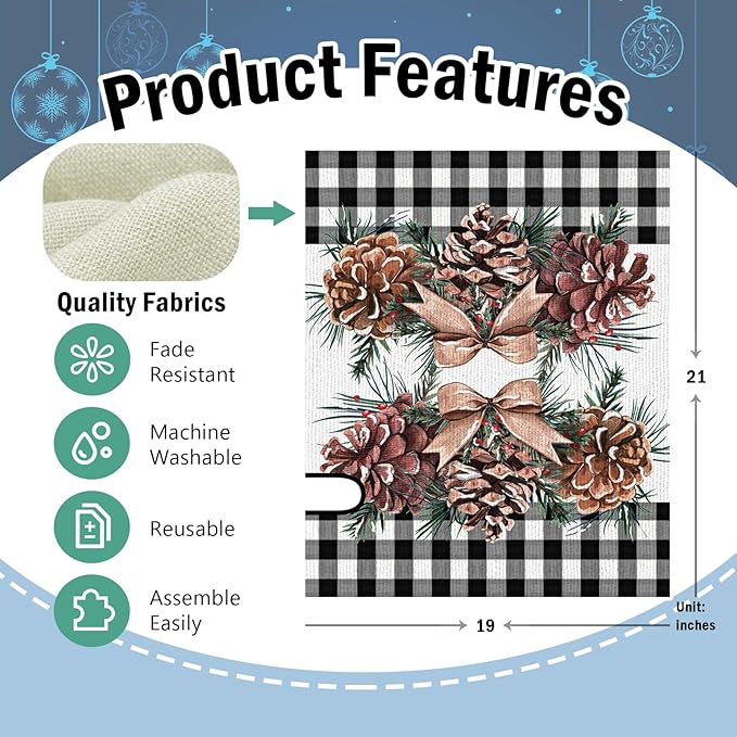 Winter Pine Cone Mailbox Cover Magnetic Standard Size 21" x 19", Buffalo Plaid Farmhouse Decorative Post Letter Box Wrap Decor, Christmas Pine Needle Bow Red Berry Garden Yard Outdoor Decoration