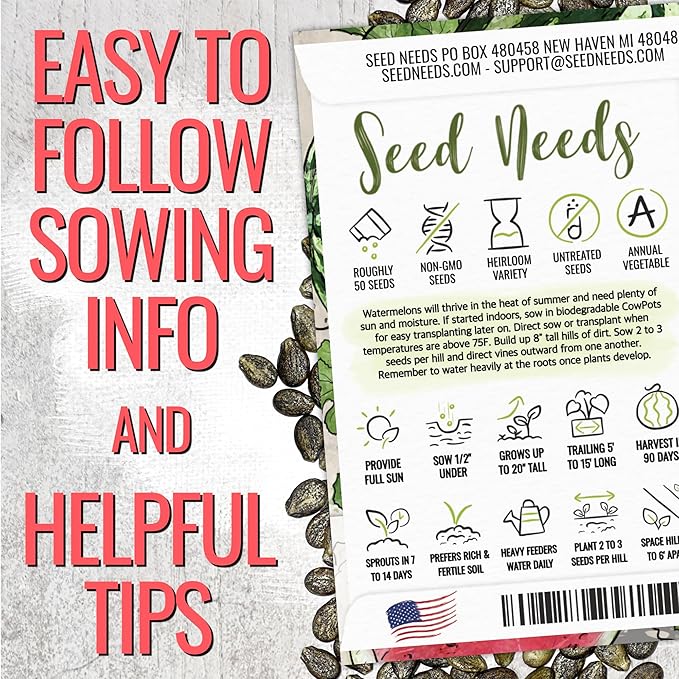 Seed Needs Watermelon Seeds for Planting Crimson Sweet Watermelons - Non-GMO Heirloom & Untreated - Grow an Outdoor Home Grown Garden Filled with Sweet Fruits (1 Pack)