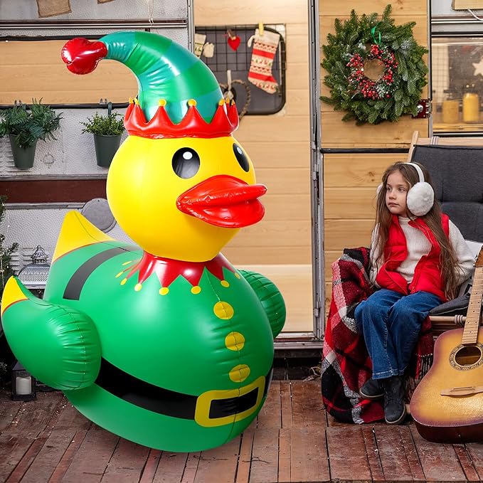 1 Pcs 4.6 Feet Christmas Giant Inflatable Elf Duck Outdoor Decorations,Huge Blow Up Yard Yellow Duck with Green Red Elf Cloth Duck Pool Float for Indoor Christmas Holiday Party Garden Patio Lawn Decor