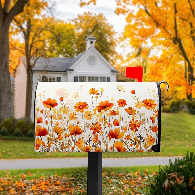 Orange Floral Mailbox Cover Fall Mailbox Covers Magnetic Standard Size 21x18 inch Autumn Beautiful Flower Post Letter Box Cover Mail Box Decorations for Outside Garden