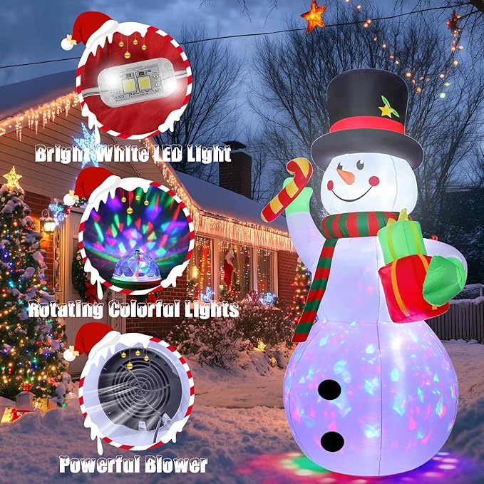 8 FT Christmas Inflatable Decoration Snowman with Built-in Rotating Colorful LED Blow Up Christmas Snow Man for Yard Supplies Giant Xmas Party Decor Holiday Décor for Outdoor Garden Lawn