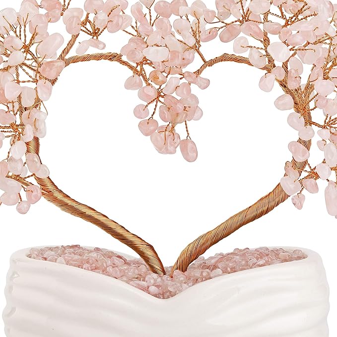 Jovivi Rose Quartz Crystal Heart Money Tree Healing Gemstone Bonsai Tree for Wedding Ceremony Reiki Balancing Energy Meditation Feng Shui Wealth & Good Luck Home Indoor Office Decor 7.87"-8.26"