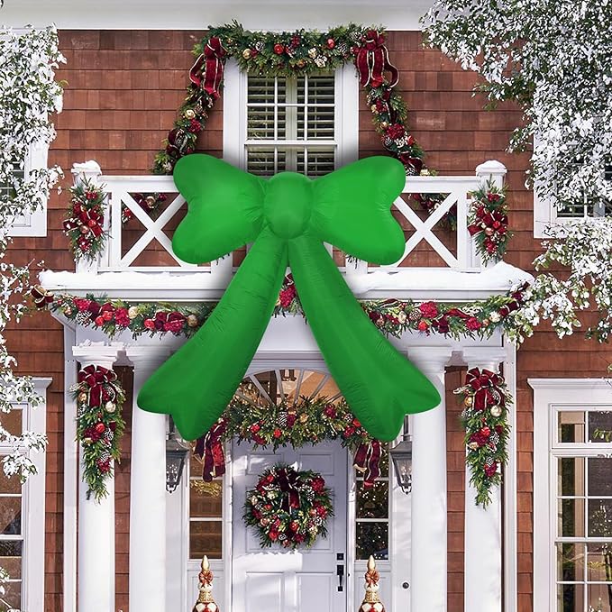 Christmas Inflatables Lighted Yard Lawn Inflatable Decoration with Built-in Fan and Stakes Ropes Holiday Party Decor, Christmas Decor (7FT-Green Bow)