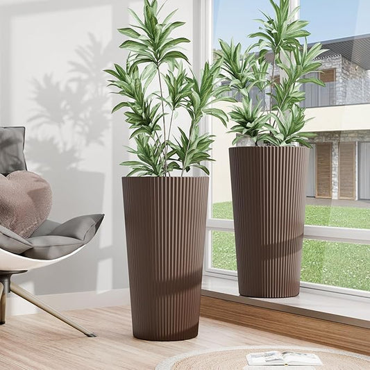 Tall Outdoor Planter Front Porch Decor Set of 2-23.6" H Tall Planters for Outdoor Plants with Drainage Hole, Round Conical Design Flower Pots for Indoor/Patio/Garden, Brown