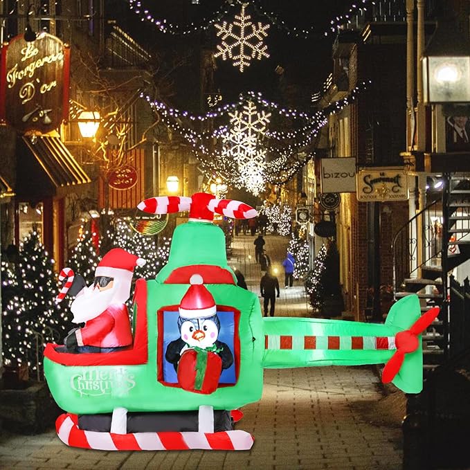 VCUTEKA Christmas Inflatables Outdoor Decorations, 6.5FT Santa Flying Animated Airplane with Penguin Blow Up Built-in LED Lights for Holiday Yard Garden Lawn Xmas Decor