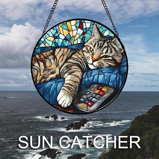 Stained Glass Window Hanging Gray Cat and Remote Control Large 15" - Suncatcher Door Garden Kitchen Sun Catcher Home Decor Birthday for Lost Pets Mom Men Woman Friend Grandma