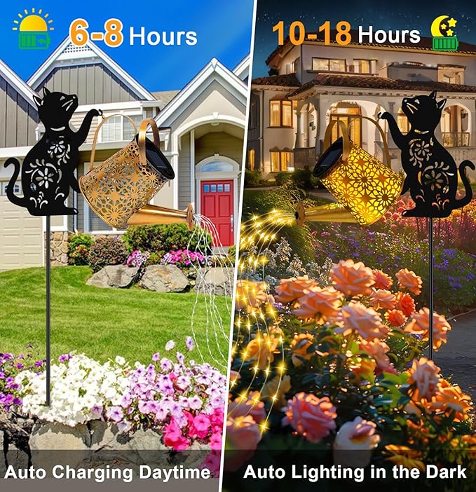 Solar Lights Outdoor Decorative, Watering Can with Cascading Lights, with Cat Silhouette Garden Stakes, Waterproof Metal Garden Decor for Yard Art, Outside, Patio, Lawn Ornaments 2PACK