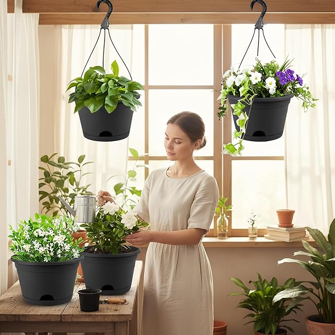 10 Inch Hanging Plant Pots with Removable Chain & Drainage Trays, 4 Pack Hanging Planters for Indoor & Outdoor Plants, Lightweight Plastic Flower Pots for Home Garden Decor (Black)