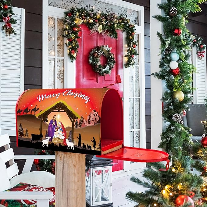 Blosssound Merry Christmas Magnetic Mailbox Cover Xmas Nativity Scene Mailbox Covers Decor Religious Red Christmas Post Box Standard Size 21 X18 Inch Garden Yard Outdoor Decoration