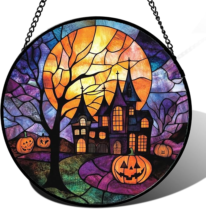 Stained Glass Window Hanging Halloween Horror Pumpkin 9.8" - Suncatcher Door Garden Sunroom Golden Moon Church Sun Catcher Birthday for Friend Mom Men Woman Nana