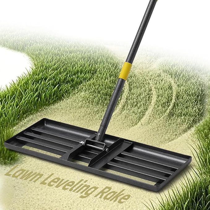 Lawn Leveling Rake 30”x10” Large Heavy Duty Metal Lawn Leveler with 65” Long Adjustable Handle Proffesional Yard Leveling Rake for Soil Dirt Sand Compost Efficient Lawn Leveling Tool