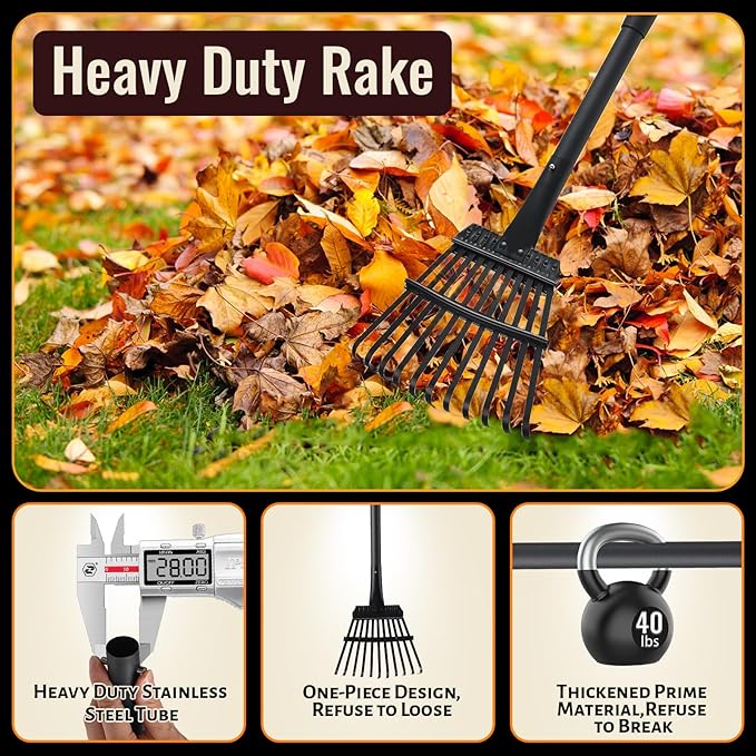 Small Garden Rake for Leaves,11 Tines Heavy Duty Metal Yard Hand Rake with 63in Adjustable Handle,Ideal Leaf Scoops Gardening Tool for Gathering Leaves,Shrub,Poop,Leveling Grass,Garden Flower Bed,Yard