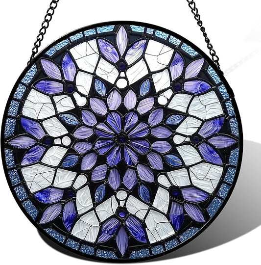 Stained Glass Window Hanging, Purple Blue Tiffany Style Flowers Sun Catcher for Window Door Home Decor Suncatcher Christmas Mother's Day Birthday Gifts for Women Men Mom Nana 15 in