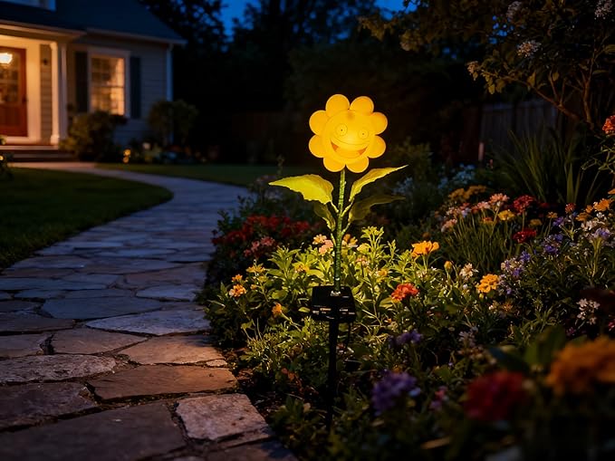 Single Pack Personified Bobble Face Wind Spinners Sunflower Solar Light Outdoor with Funny Smiling Face - Garden Decor Gift, Waterproof Auto-On/Off Pathway, Lawn, Yard Stake Light for Decorations