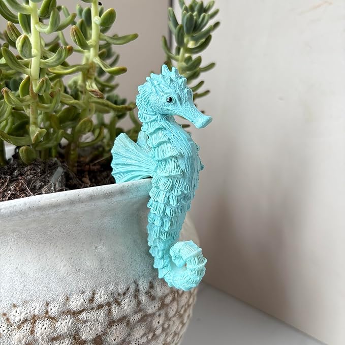 Cute Climbing Seahorse Flower Pot Huggers, Ocean Animal Figurines Plant Decorations for Pots, Resin Flower Pot Decorations, Fairy Garden Accessories, Fish Tank Planter Edge Craft Decor (Seahorse)