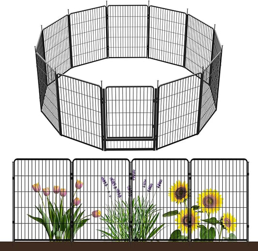SunsGrove Tall Garden Fence with Gate, 40 in(H) x 26.8 ft(L) 12 Panels Heavy Duty Metal Animal Barrier Fence for Yard, Suitable for Indoor or Outdoor Dog Pet Fence, Garden Fence Border, Black