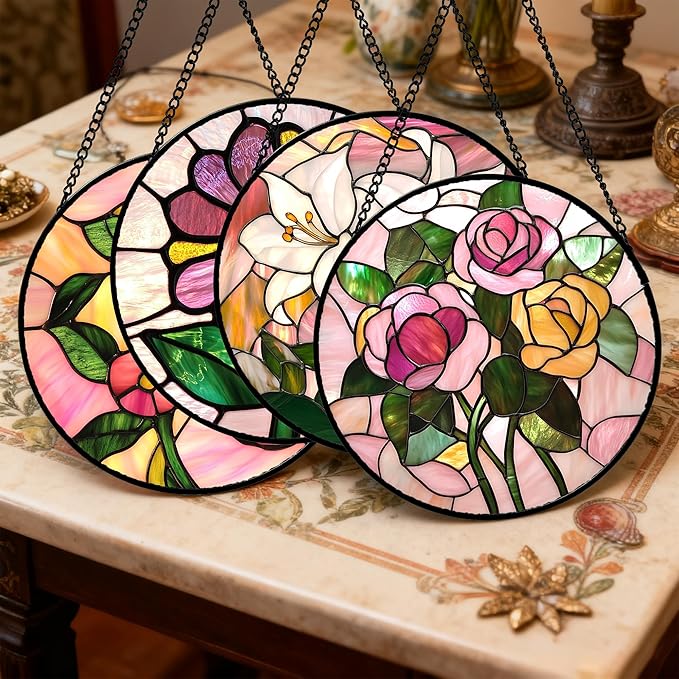 Stained Glass Window Hanging 4 Pcs Set Pink Floral Theme 7.8" - Flowers Suncatcher Door Garden Sun Catcher Decor Birthday Christmas for Mom Woman Nana Men Friend