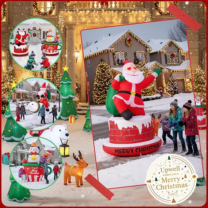 UPWELL 8FT Inflatable Chimney Santa Claus - Classic Outdoor Holiday Yard Decoration with LED Lights, Self-Inflating, Stable & Durable, Suitable for Christmas Decor & Events