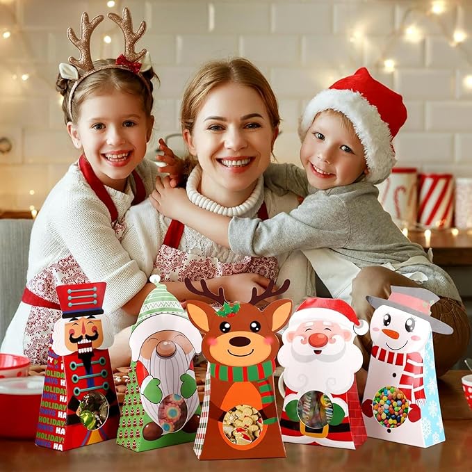 Giiffu 54-Pack Christmas Treat Boxes with Clear Window, 9 Assorted Holiday Designs Small Candy & Goodie Boxes for Classroom Gifts, Party Favors & Holiday Treat Wrapping (7.5 x 4 x 2 Inches)