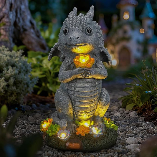 Solar Garden Outdoor Statues Dragon Holding Flower with Solar LED Lights - Lawn Decor Outdoor Statue for Patio, Balcony, Yard Ornament,Housewarming for Mom Grandma