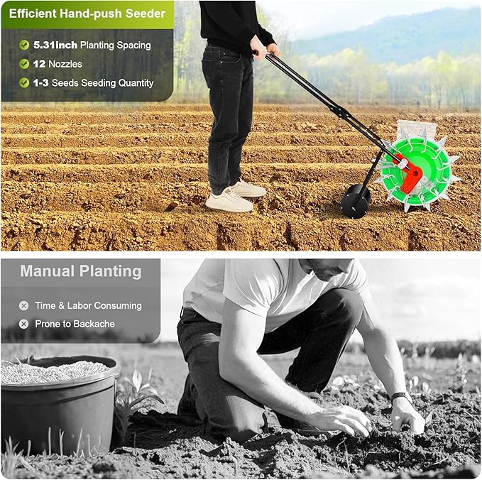 Hand-Push Roller Seed Sower, 12 Holes Garden Push Seeder Planter, Portable Manual Seed Planter for Planting Corn Cotton Soybean Peanut Mung Beans etc, 13.5cm/5.31 in Spacing