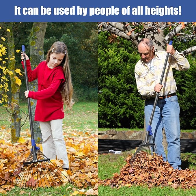 Adjustable Leaf Rake, 53” Long Handle Garden Rakes for Lawns Leaves with Expandable Head 8-17", Yard Women Kids Rake for Gardening RV Camping