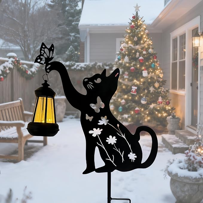 Metal Black Cat Christmas Decorations Outdoor Solar Lights Outdoor Garden Stakes Decorations Lawn Ornament Yard Art Gifts for Women Men Cat Lovers Gifts(1pc)