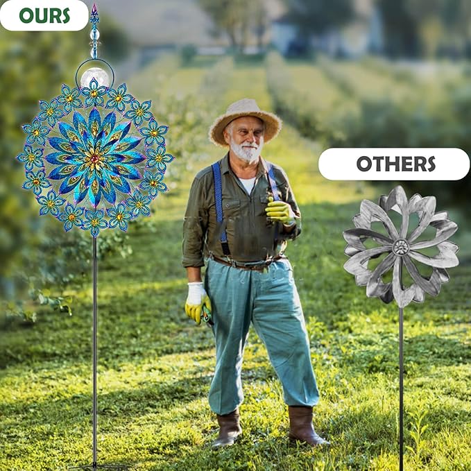 Kircust Large Solar Wind Spinner with Glass Ball - Peacock Themed Kinetic Garden Art, Dual Spinning Metal Decor for Outdoor Yard, Lawn, or Patio in Elegant Peacock Blue