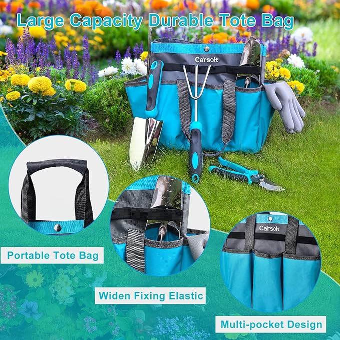 Gardening Tools, Carsolt 10 Piece Heavy Duty Stainless Steel Garden Tools Set with Ergonomic Rubber Handle. Variety of Gardening Hand Tools with Gift Box Ideal Garden Gifts for Women