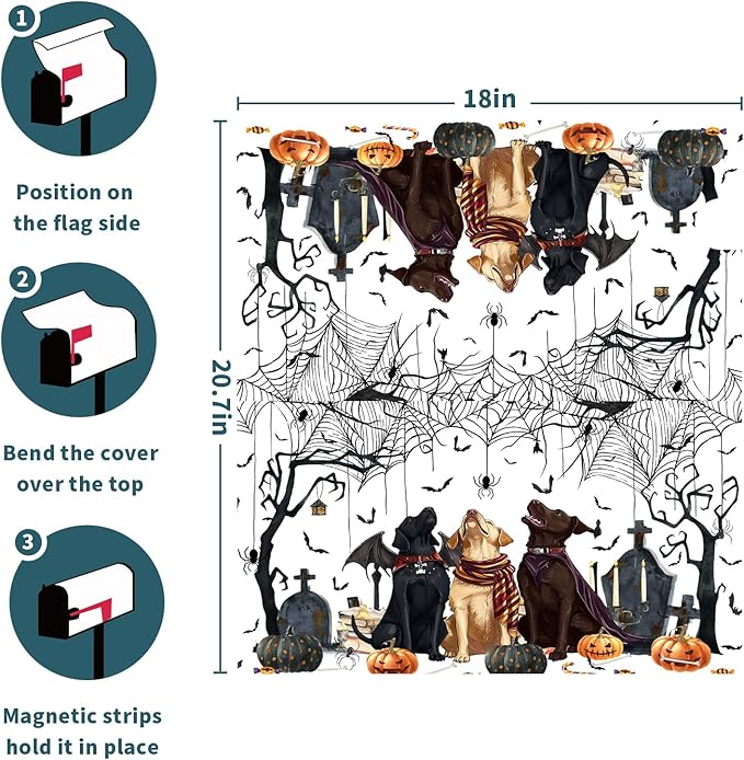 21"x18" Halloween Dogs Magnetic Mailbox Cover Spooky Pumpkins Tombstone Spider Web Bats Waterproof Mailbox Wrap Letter Post Cover Standard Size for Garden Yard Outside Holiday Decor