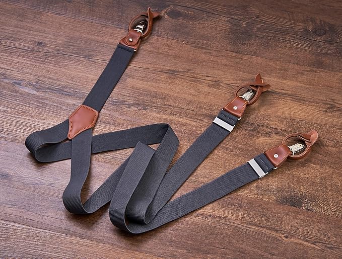 UPSONG Mens Suspenders，Brown Leather Button Tab and Clip Braces Heavy Duty Suspender Wedding Suspenders for Groom Groomsmen