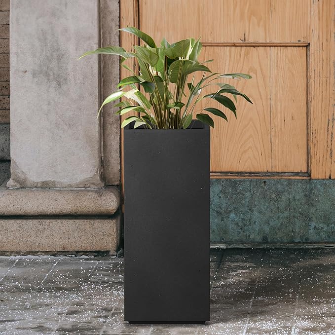 Kante 27.6" H Tall Rectangular Concrete Planter, Modern Square Diameter Plant Pot with Drainage Hole and Rubber Plug for Indoor Outdoor Home Patio Garden, Black