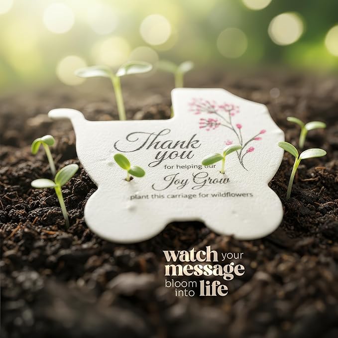 Baby Carriage Seed Paper – 12 pcs Pink Baby Shower Favors for Guests with Wildflower Seeds, Writable & Plantable, Gender Reveal, Birthday Gifts for Guest