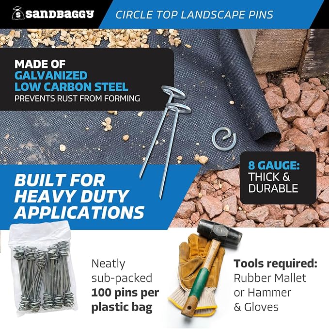 Sandbaggy 6-inch Circle Top Pins - Landscape Staples (Galvanized) - Garden Stakes for Landscaping, SOD - Heavy Duty Ground Stakes, Lawn Turf Spikes, Christmas Decorations, Weed Mats (25 Pins)