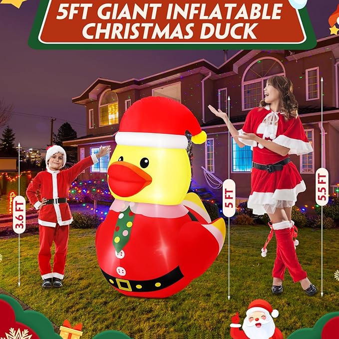 Leyndo 2 Set 5FT Christmas Inflatables Duck Decoration Outdoor Giant Blow Up Duck with Build-in LEDs Lights Wear Xmas Hat Santa Claus Costume for Mall Garden Patio Lawn Indoor, Funny Christmas Decor