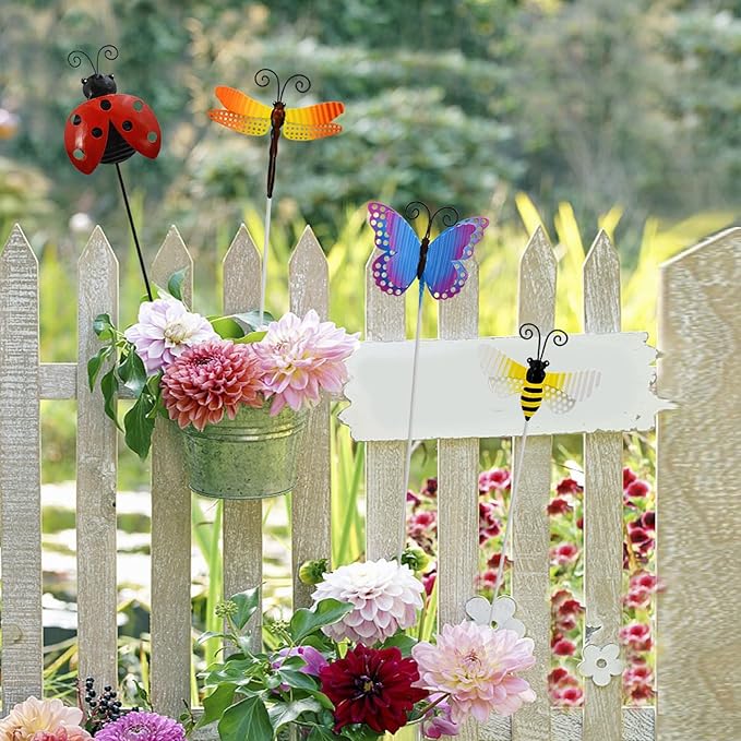 Veclotch 4Pcs Metal Insects Garden Stakes, 16"" H Rustic Butterfly, Bee, Dragonfly, Ladybug Stake, Decorative Spring Outdoor Garden Decor Planter Flower Pot Metal Stick for Patio,Lawn,Yard,Pathway