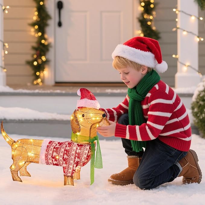 JOYIN Lighted Wiener Dog Christmas Decorations Outdoor, 40 LEDs Warm White Tinsel Dachshund Lights for Christmas Yard Decor, Light Up Xmas Lawn Ornaments with Metal Stakes for Outside Porch Garden
