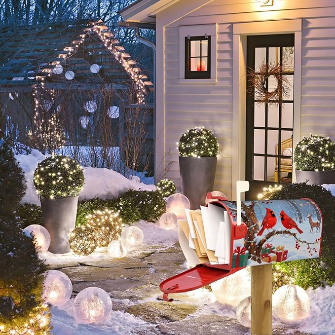 Christmas Cardinal Mailbox Cover, Xmas Winter Snow Scene Waterproof 21" Lx 18" W Magnet Mailboxes Cover, Standard Size Wraps Post Letter Box Case for Garden Yard Outdoor Decor